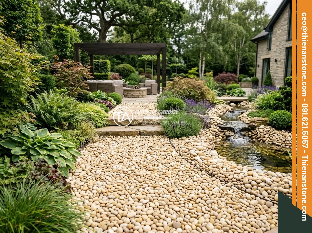 Sỏi vàng quay 3-5mm - Hình 16 Sỏi vàng quay 3-5mm - Completed luxury garden project with extensive use of golden tumbled pebbles, fu