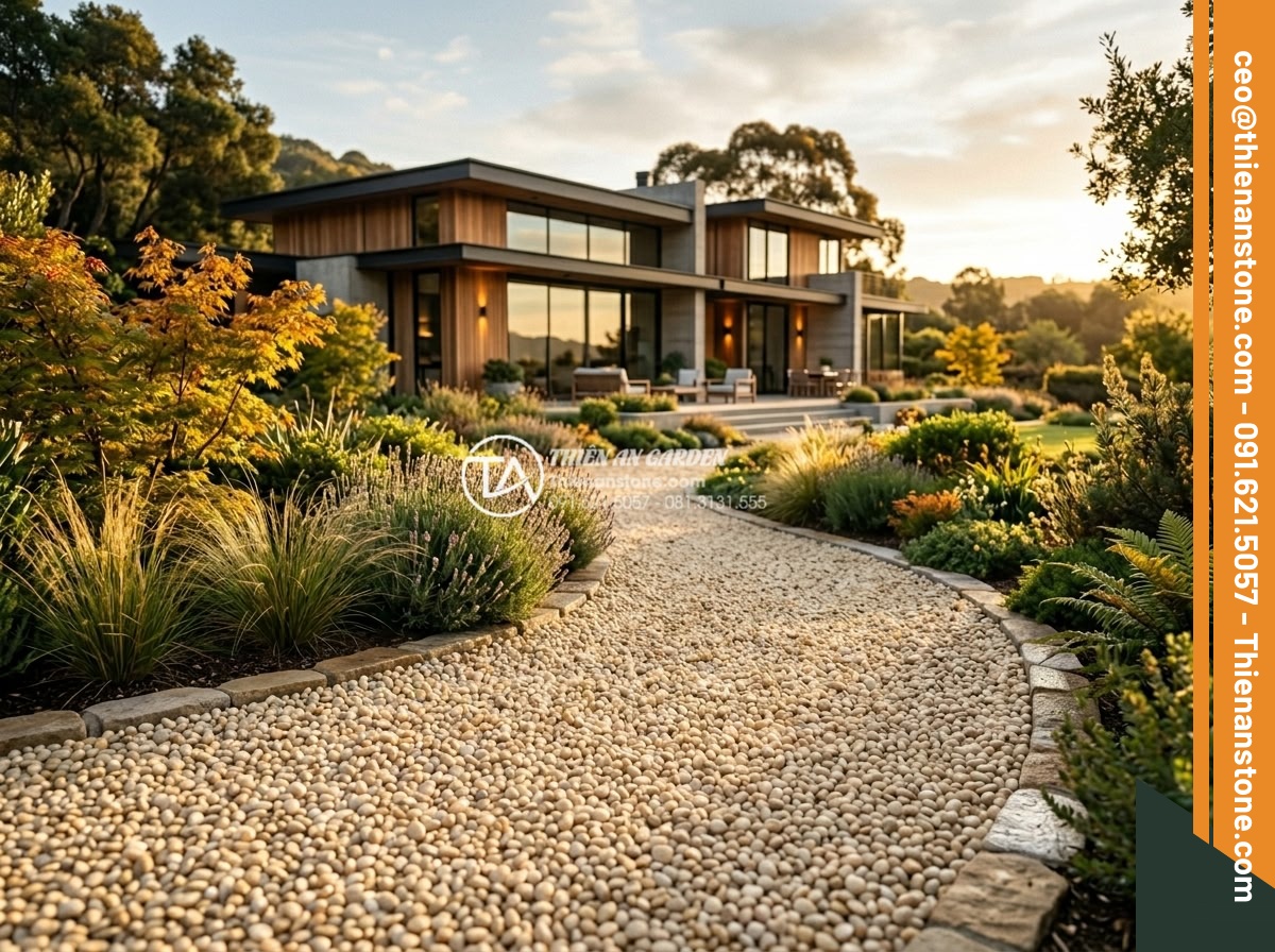 Sỏi vàng quay 3-5mm - Hình 2 Sỏi vàng quay 3-5mm - Golden hour long shot of golden 3-5mm tumbled pebbles in elegant garden path lea