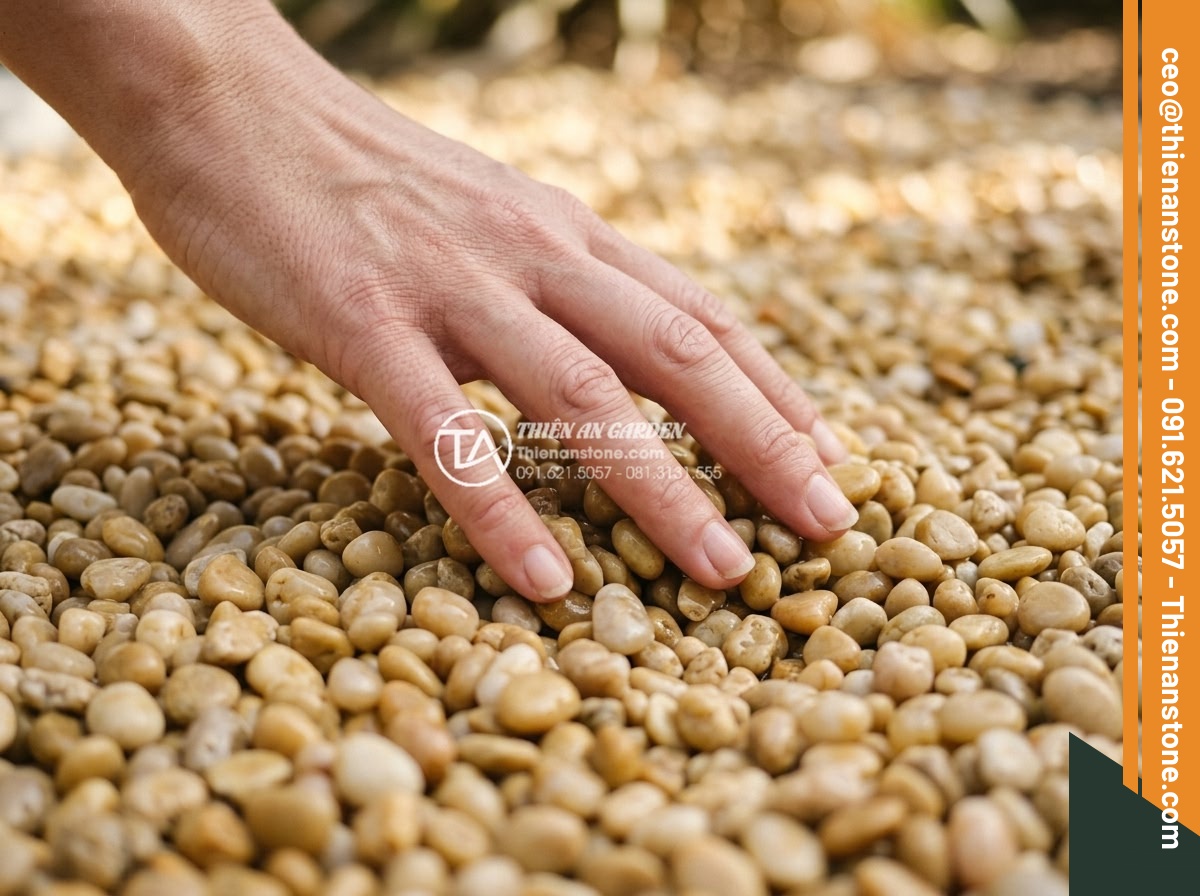 Sỏi vàng quay 3-5mm - Hình 5 Sỏi vàng quay 3-5mm - Human hand gently touching and running through golden 3-5mm tumbled pebbles, sho