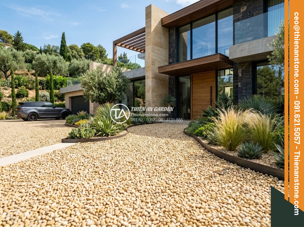 Sỏi vàng quay 3-5mm - Hình 9 Sỏi vàng quay 3-5mm - Luxury modern villa exterior with golden 3-5mm pebbles covering the front yard,