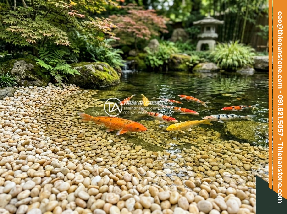 Sỏi vàng quay 7-9mm - Hình 13 Sỏi vàng quay 7-9mm - Koi pond with 7-9mm golden pebbles lining the edges and bottom, colorful koi fis