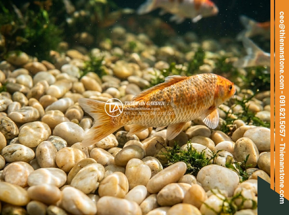 Sỏi vàng quay 7-9mm - Hình 14 Sỏi vàng quay 7-9mm - Detailed view of golden pebbles in a crystal clear Koi pond, showing interaction