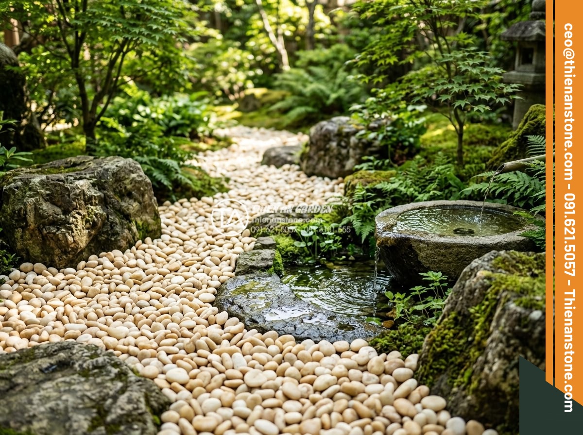 Sỏi vàng quay 7-9mm - Hình 15 Sỏi vàng quay 7-9mm - Feng shui inspired garden layout with golden 7-9mm pebbles arranged in harmoniou