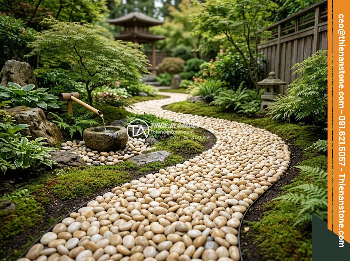 Sỏi vàng quay 7-9mm - Hình 16 Sỏi vàng quay 7-9mm - Symbolic feng shui garden with golden pebbles creating balance and flow, soft li
