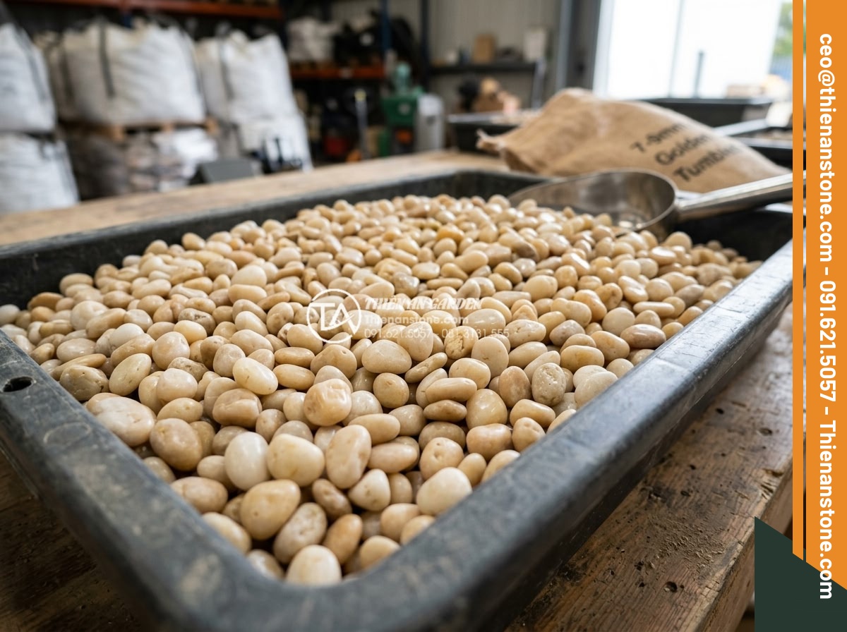 Sỏi vàng quay 7-9mm - Hình 18 Sỏi vàng quay 7-9mm - High quality control of sorted 7-9mm golden tumbled pebbles ready for delivery,