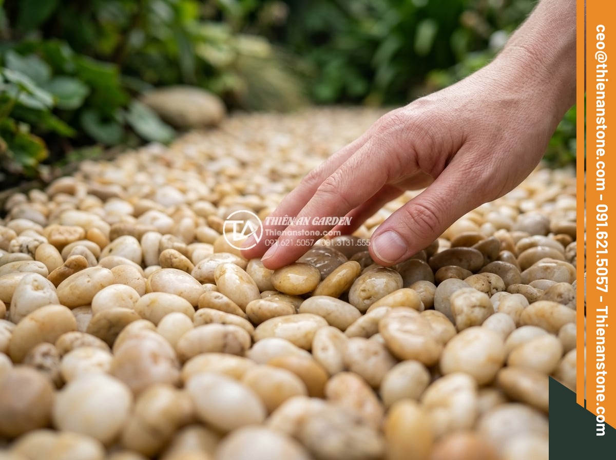 Sỏi vàng quay 7-9mm - Hình 4 Sỏi vàng quay 7-9mm - Detailed macro view of golden rolled pebbles 7-9mm size with human hand gently t