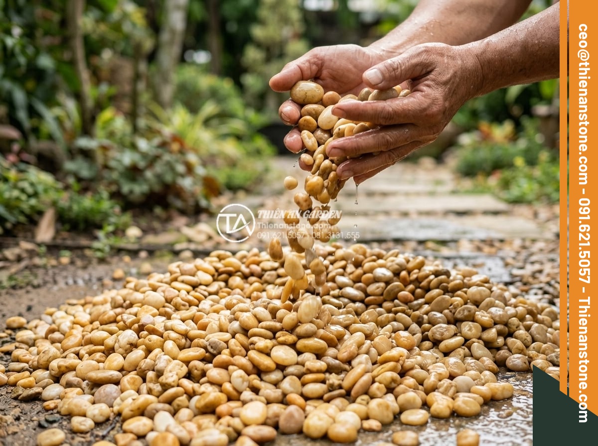Sỏi vàng tự nhiên 1-3cm - Hình 3 Sỏi vàng tự nhiên 1-3cm - Natural yellow river pebbles 1-3cm being poured from hands, showing wet texture