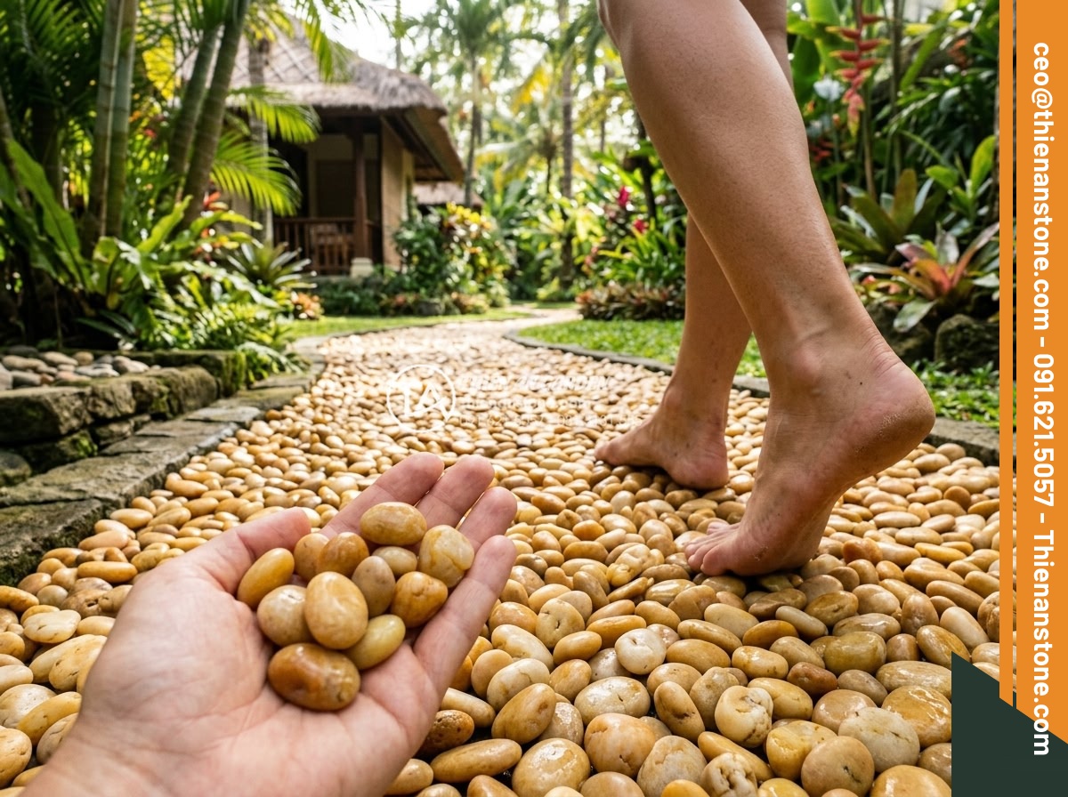 Sỏi vàng tự nhiên 1-3cm - Hình 8 Sỏi vàng tự nhiên 1-3cm - Bare feet walking on golden pebble pathway in luxury tropical garden setting