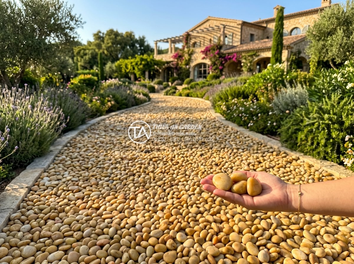 Sỏi vàng tự nhiên 3-5cm - Hình 1 Sỏi vàng tự nhiên 3-5cm - Wide angle shot of natural yellow pebbles 3-5cm covering a large garden path in
