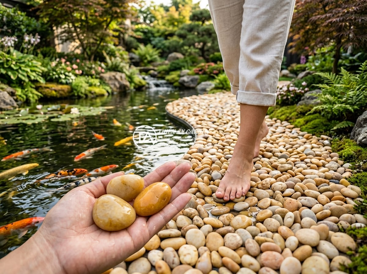 Sỏi vàng tự nhiên 3-5cm - Hình 10 Sỏi vàng tự nhiên 3-5cm - Person walking barefoot on golden natural pebbles 3-5cm next to Koi pond in luxu