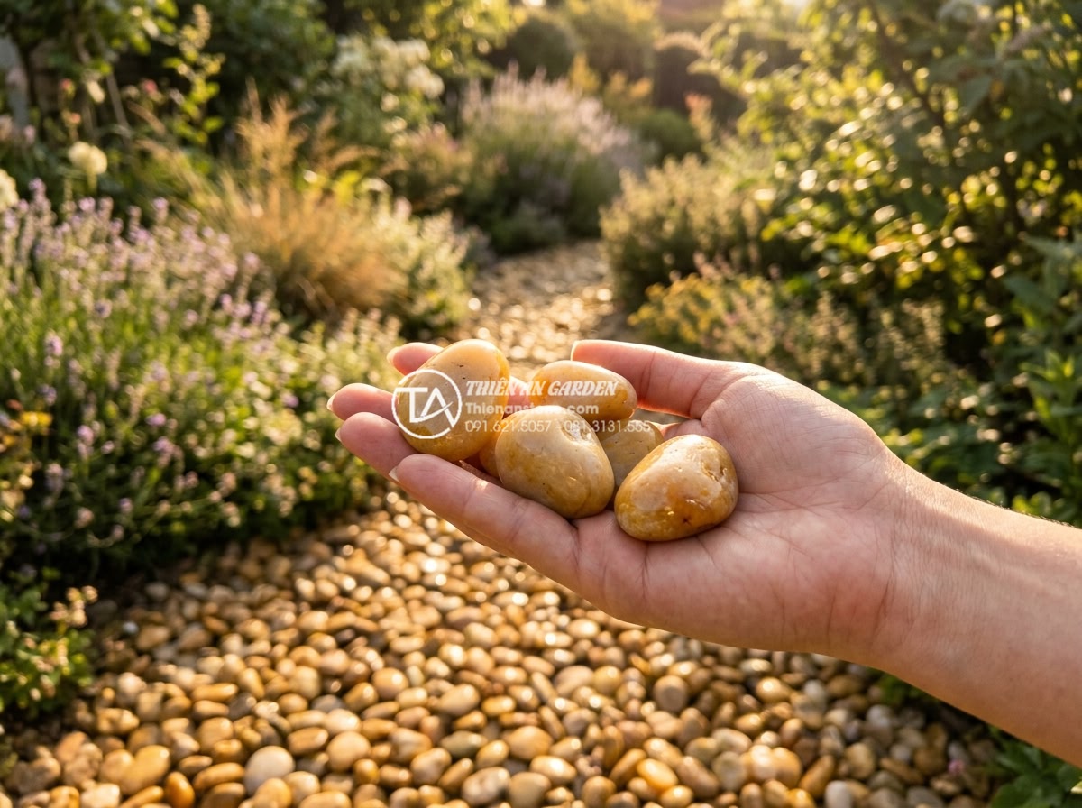 Sỏi vàng tự nhiên 3-5cm - Hình 11 Sỏi vàng tự nhiên 3-5cm - Golden natural pebbles 3-5cm reflecting warm sunlight at golden hour in garden l