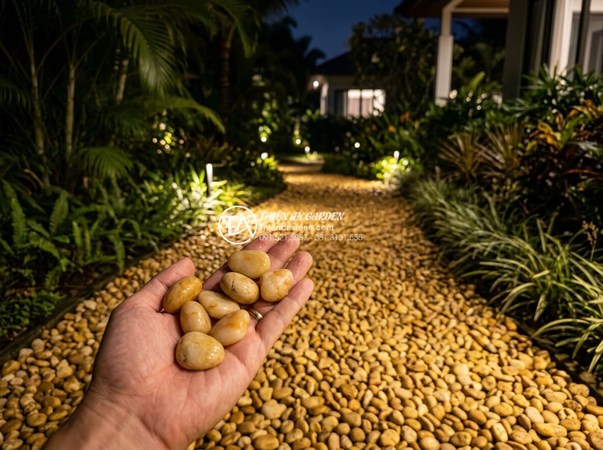 Sỏi vàng tự nhiên 3-5cm - Hình 12 Sỏi vàng tự nhiên 3-5cm - Night view of yellow gravel illuminated by soft garden lights creating luxurious