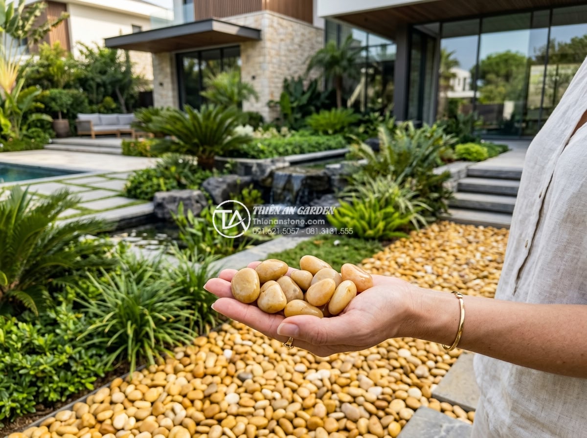 Sỏi vàng tự nhiên 3-5cm - Hình 13 Sỏi vàng tự nhiên 3-5cm - Luxury villa garden with natural golden pebbles 3-5cm around modern landscaping