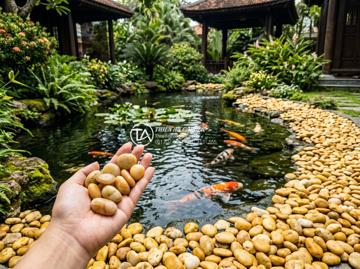Sỏi vàng tự nhiên 3-5cm - Hình 14 Sỏi vàng tự nhiên 3-5cm - Koi pond surrounded by 3-5cm natural yellow pebbles in elegant Vietnamese villa