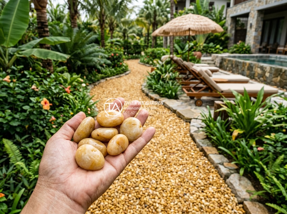 Sỏi vàng tự nhiên 3-5cm - Hình 15 Sỏi vàng tự nhiên 3-5cm - High-end resort landscaping featuring golden natural gravel 3-5cm pathways and r