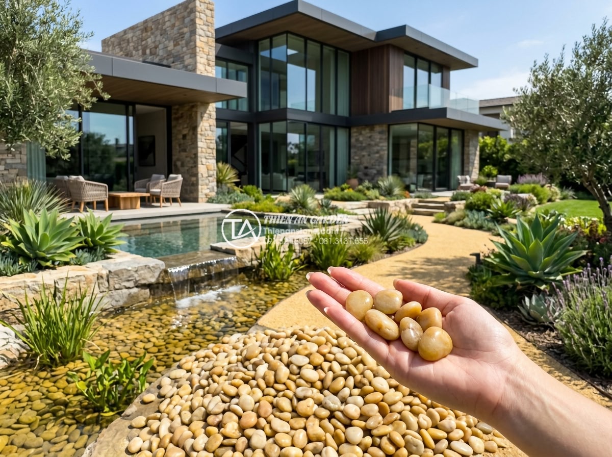 Sỏi vàng tự nhiên 3-5cm - Hình 16 Sỏi vàng tự nhiên 3-5cm - Modern luxury villa exterior with natural yellow pebbles used in elegant garden