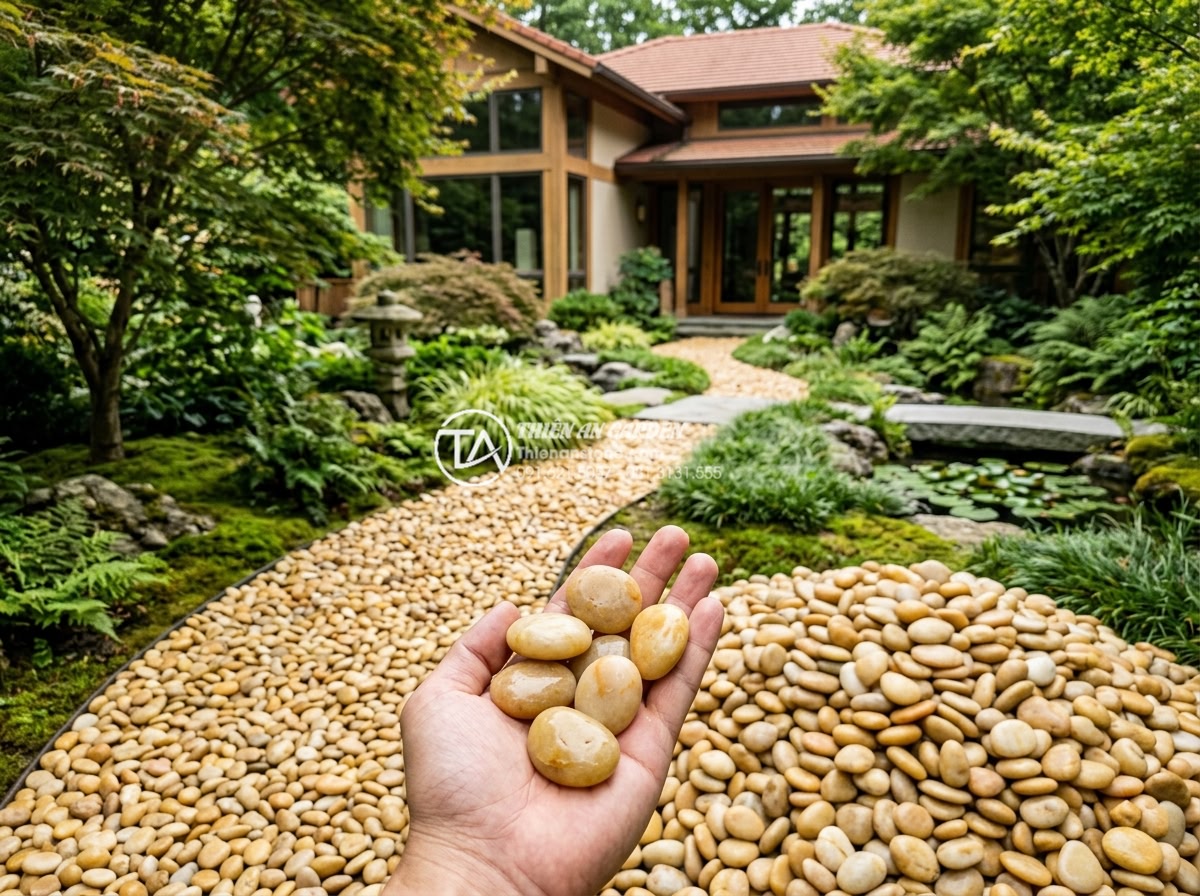 Sỏi vàng tự nhiên 3-5cm - Hình 17 Sỏi vàng tự nhiên 3-5cm - Feng shui garden design with natural golden pebbles 3-5cm creating balanced ener