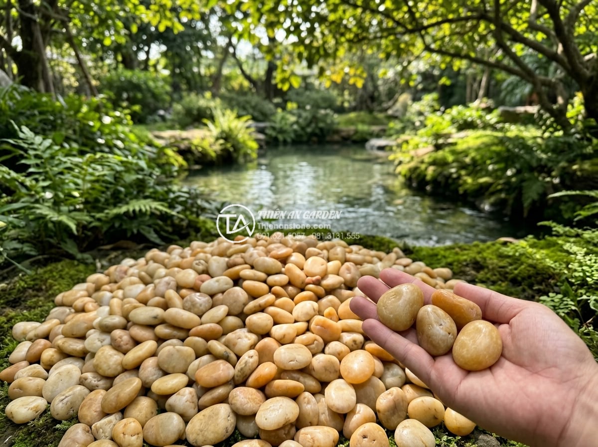 Sỏi vàng tự nhiên 3-5cm - Hình 18 Sỏi vàng tự nhiên 3-5cm - Spiritual feng shui arrangement of yellow natural stones 3-5cm in tranquil garde