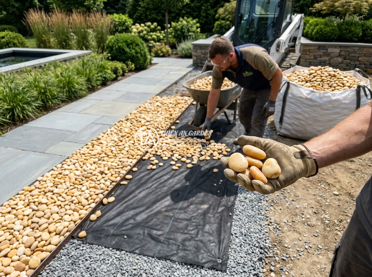 Sỏi vàng tự nhiên 3-5cm - Hình 19 Sỏi vàng tự nhiên 3-5cm - Professional installation process of natural golden pebbles 3-5cm in luxury gard
