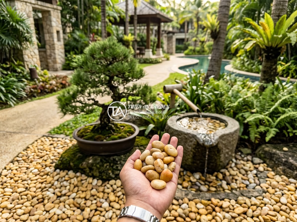 Sỏi vàng tự nhiên 3-5cm - Hình 2 Sỏi vàng tự nhiên 3-5cm - Natural yellow gravel 3-5cm stones perfectly sized for garden landscaping, scatt