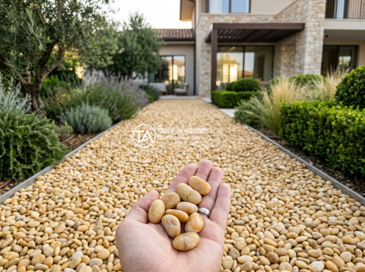 Sỏi vàng tự nhiên 3-5cm - Hình 20 Sỏi vàng tự nhiên 3-5cm - Finished perfectly installed yellow natural gravel landscape in high-end villa,