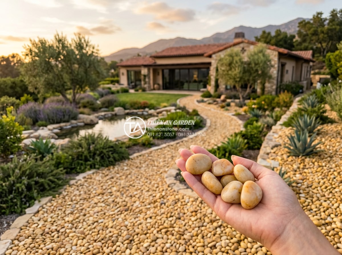 Sỏi vàng tự nhiên 3-5cm - Hình 3 Sỏi vàng tự nhiên 3-5cm - Distant view of golden natural pebbles 3-5cm creating luxurious garden landscape