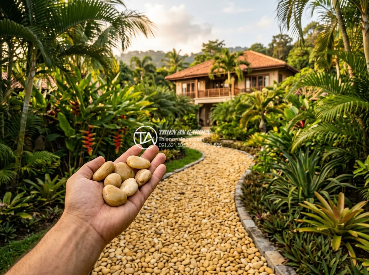 Sỏi vàng tự nhiên 3-5cm - Hình 4 Sỏi vàng tự nhiên 3-5cm - Panoramic shot of yellow natural gravel path winding through lush tropical garde
