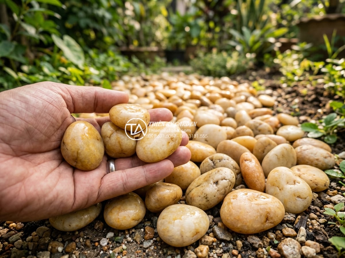 Sỏi vàng tự nhiên 3-5cm - Hình 5 Sỏi vàng tự nhiên 3-5cm - Close-up perspective of natural yellow pebbles 3-5cm showing natural texture and