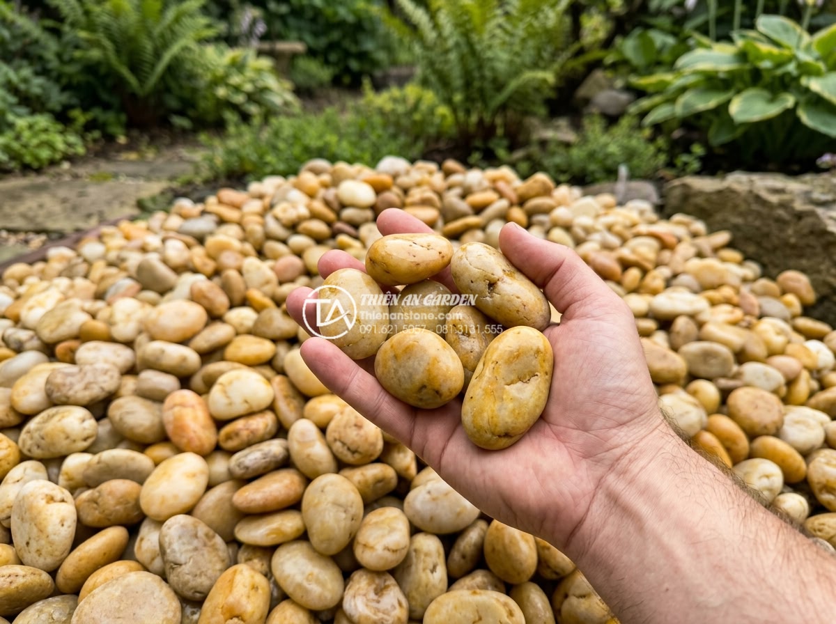 Sỏi vàng tự nhiên 3-5cm - Hình 6 Sỏi vàng tự nhiên 3-5cm - Detailed texture of 3-5cm natural golden pebbles under natural daylight showing