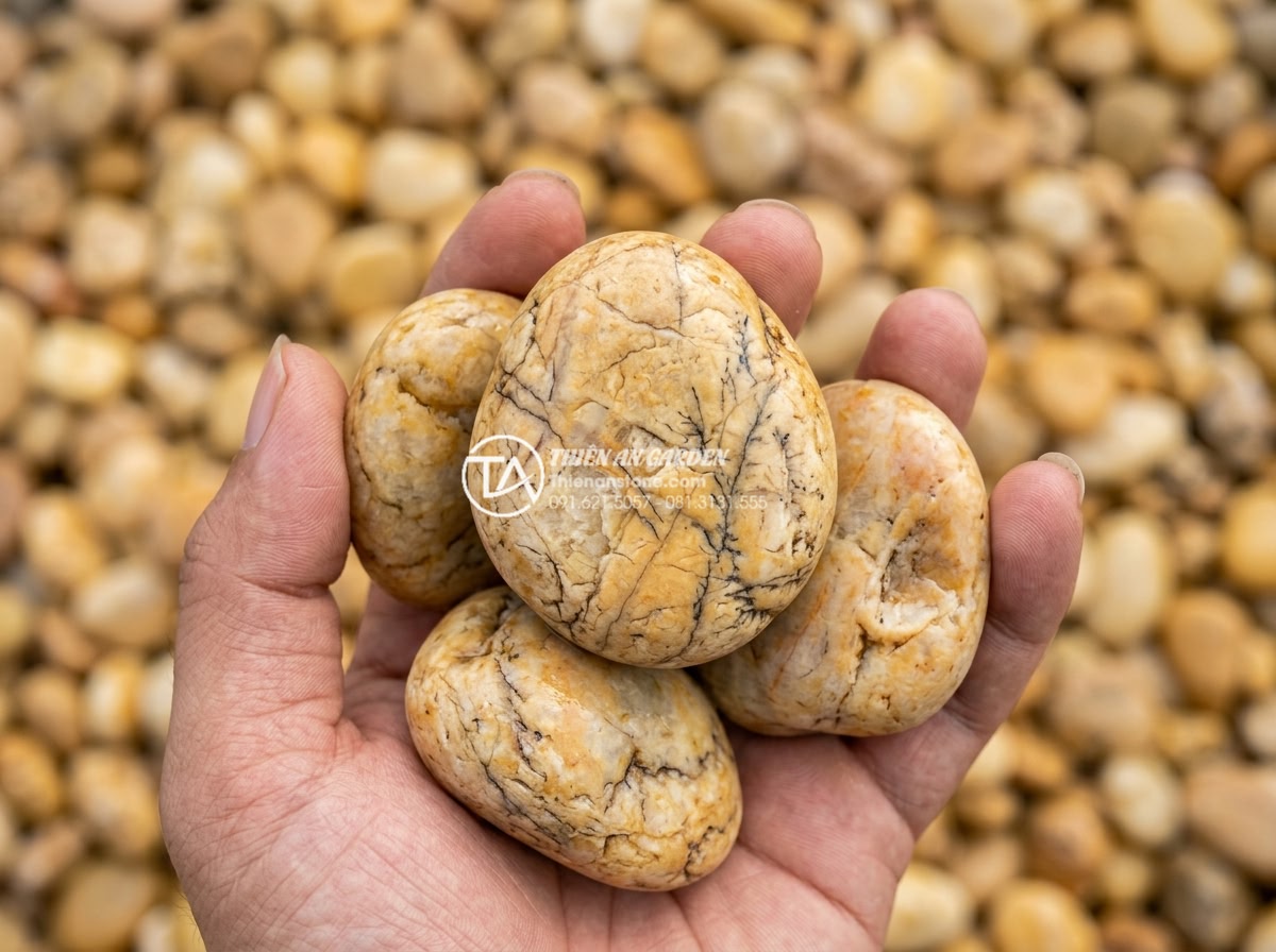 Sỏi vàng tự nhiên 3-5cm - Hình 7 Sỏi vàng tự nhiên 3-5cm - Macro view of natural vein patterns on 3-5cm golden pebbles, geological details
