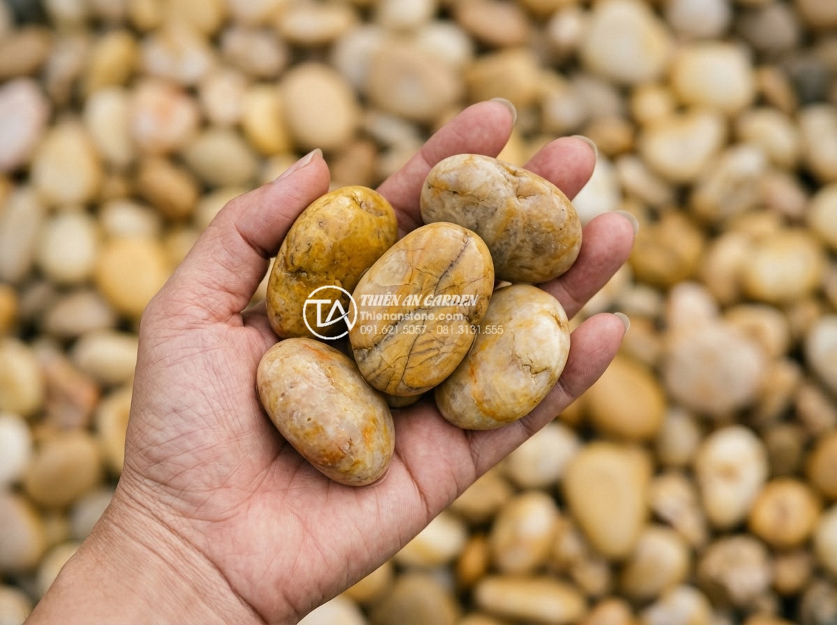 Sỏi vàng tự nhiên 3-5cm - Hình 8 Sỏi vàng tự nhiên 3-5cm - Artistic close-up of yellow stone veins in natural gravel 3-5cm size, showing mi