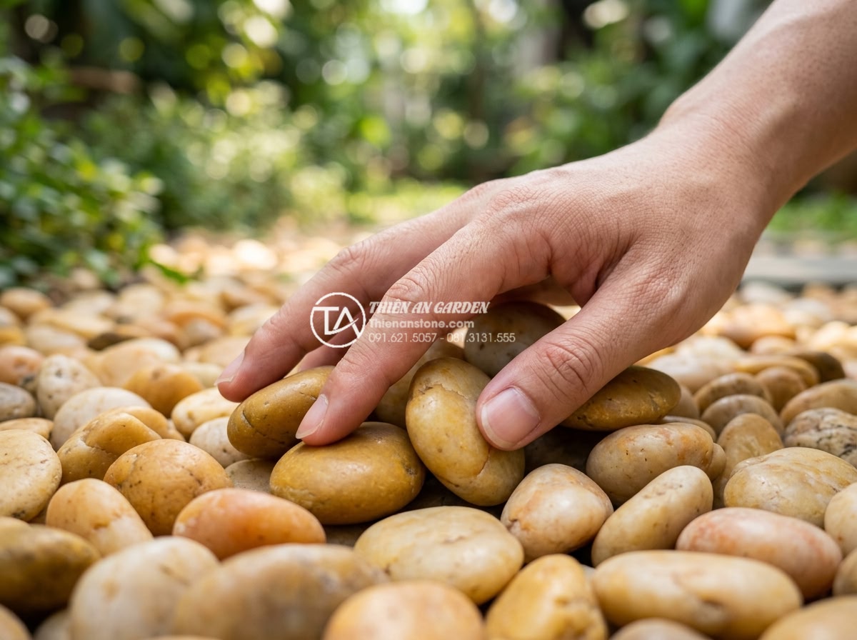 Sỏi vàng tự nhiên 3-5cm - Hình 9 Sỏi vàng tự nhiên 3-5cm - Human hand gently touching smooth surface of natural yellow 3-5cm pebbles, tacti