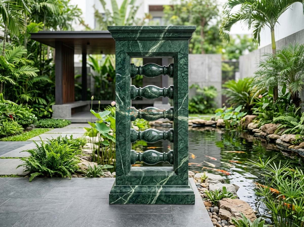 Trụ cầu đá xanh Ấn Độ kết hợp lan can tiện tròn: 200 x 100 x 20 cm. - Hình 5 Trụ cầu đá xanh Ấn Độ kết hợp lan can tiện tròn: 200 x 100 x 20 cm. - Full height architectural rendering of Indian green stone pillar exactly 200x100