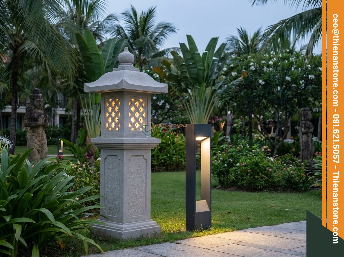 Trụ đèn đá sa thạch Yusoki cao cấp cho sân vườn lớn cao 160cm.