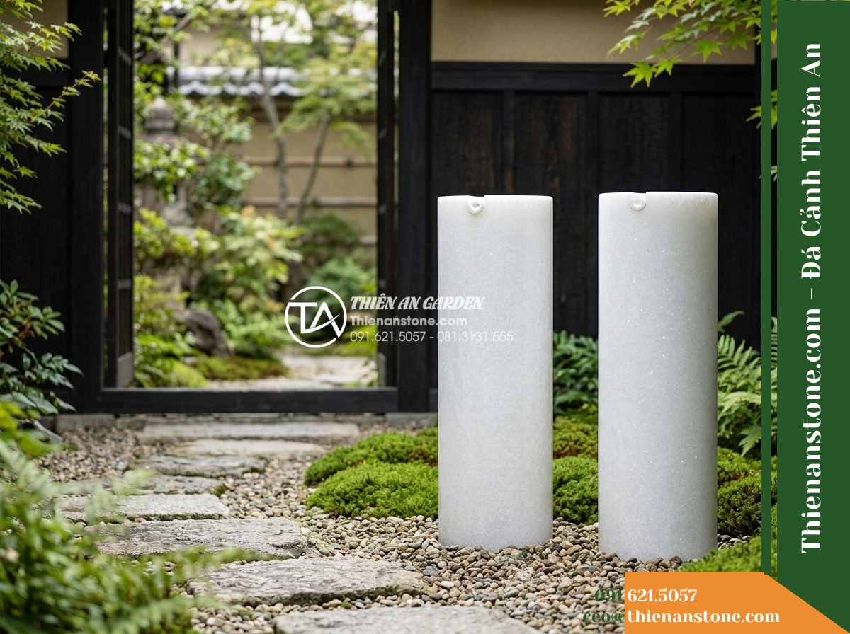 Bộ 2 Trụ Phun Tròn Đôi Mài Nhẵn, D30cm Cao 70-90cm - Hình 10 Bộ 2 Trụ Phun Tròn Đôi Mài Nhẵn, D30cm Cao 70-90cm - Perspective from the secondary garden walkway looking toward the twin stone pill