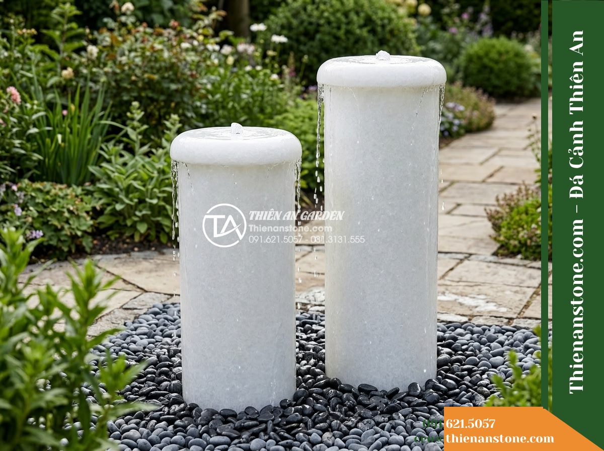Bộ 2 Trụ Phun Tròn Đôi Mài Nhẵn, D30cm Cao 70-90cm - Hình 2 Bộ 2 Trụ Phun Tròn Đôi Mài Nhẵn, D30cm Cao 70-90cm - Medium angled view highlighting the visual height conversation between the 70cm