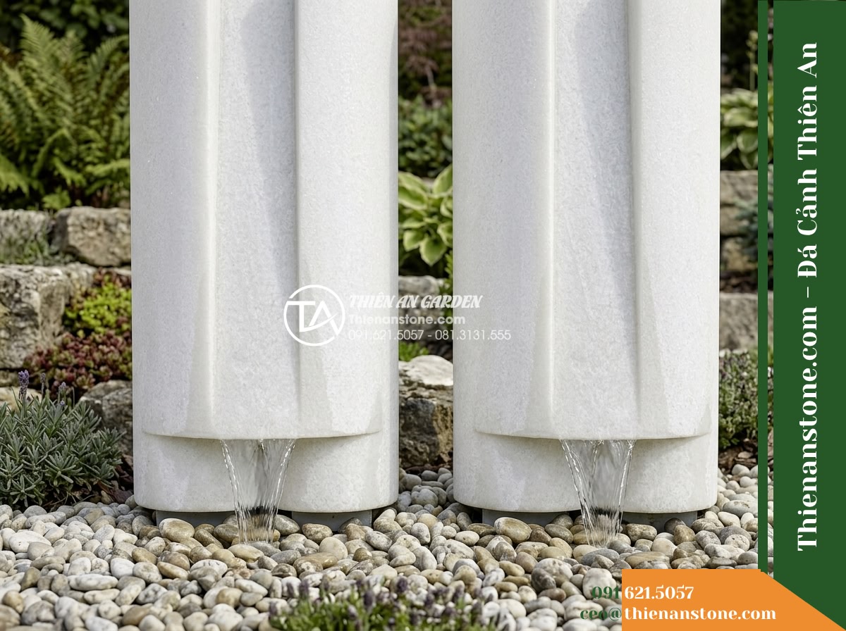 Bộ 2 Trụ Phun Tròn Đôi Mài Nhẵn, D30cm Cao 70-90cm - Hình 4 Bộ 2 Trụ Phun Tròn Đôi Mài Nhẵn, D30cm Cao 70-90cm - Low angle view showing the precise cylindrical curve of the stone pillar where i