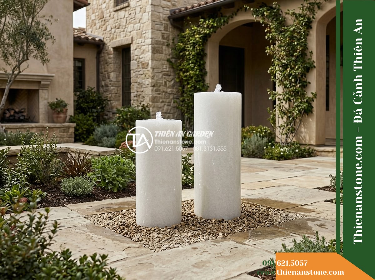 Bộ 2 Trụ Phun Tròn Đôi Mài Nhẵn, D30cm Cao 70-90cm - Hình 5 Bộ 2 Trụ Phun Tròn Đôi Mài Nhẵn, D30cm Cao 70-90cm - Wide garden view displaying the spatial proportion of the twin cylindrical stone