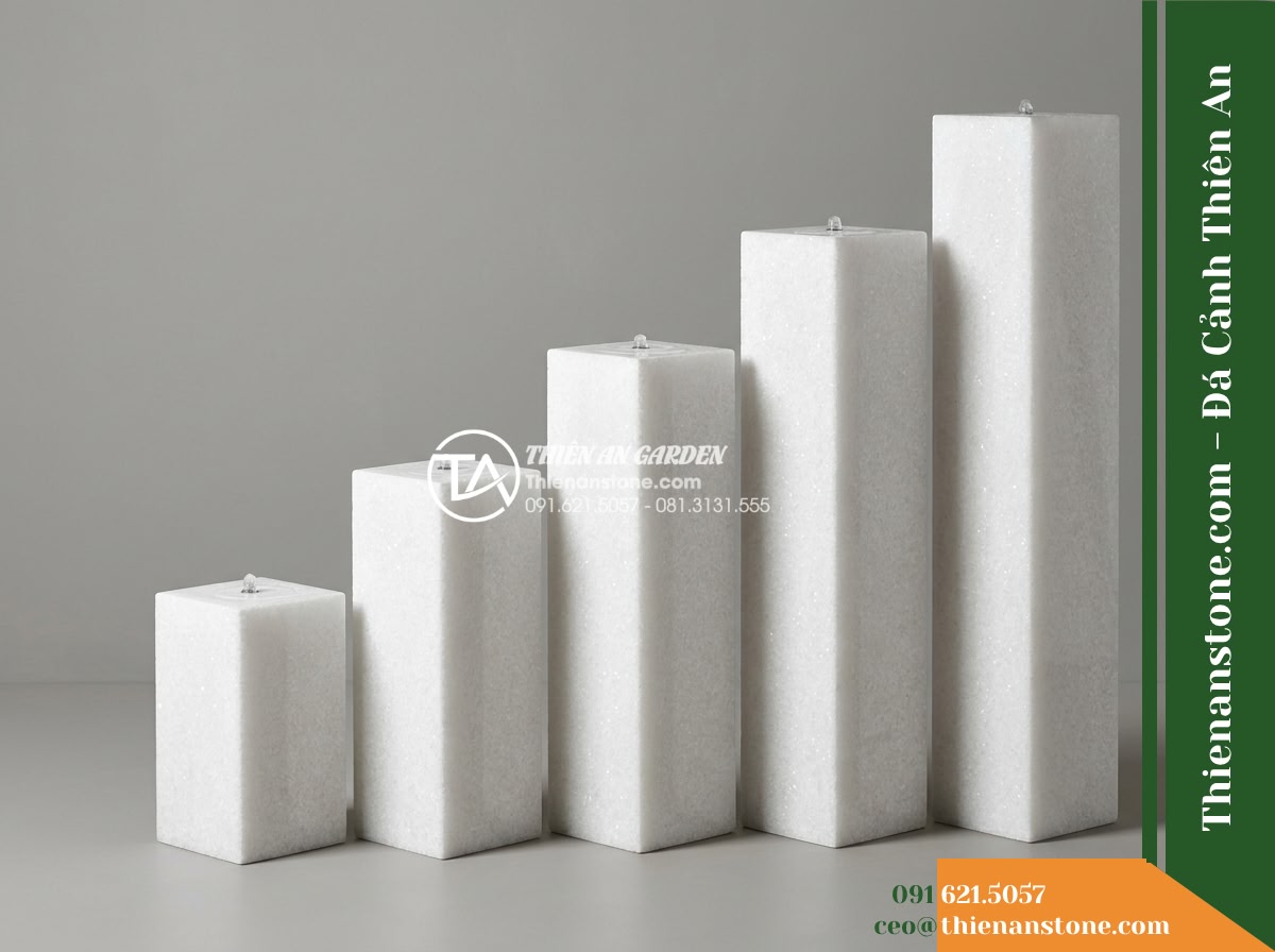Bộ 5 Trụ Phun Vuông Xếp Cụm, 20x20cm Cao 40-120cm - Hình 11 Bộ 5 Trụ Phun Vuông Xếp Cụm, 20x20cm Cao 40-120cm - Standalone studio quality shot of the five tiered square stone fountain pillars
