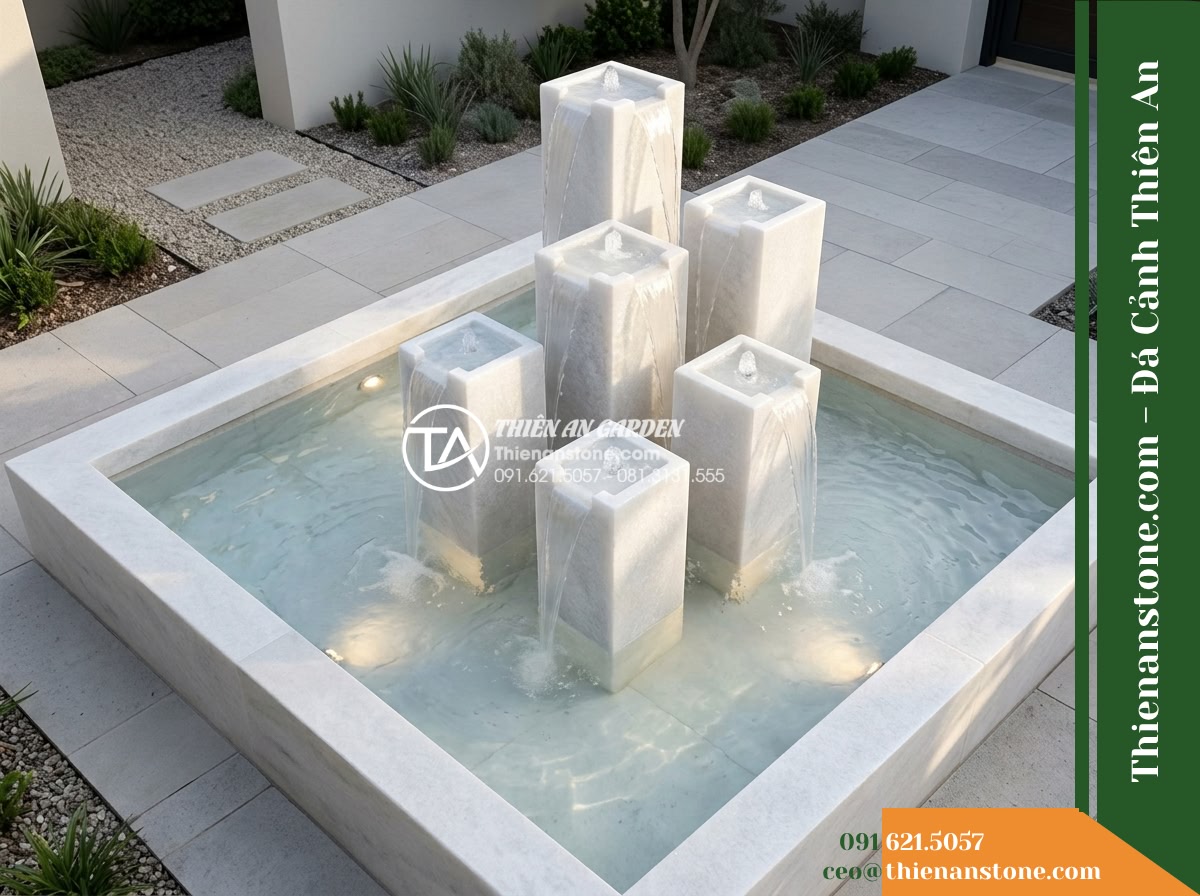 Bộ 5 Trụ Phun Vuông Xếp Cụm, 20x20cm Cao 40-120cm - Hình 6 Bộ 5 Trụ Phun Vuông Xếp Cụm, 20x20cm Cao 40-120cm - Slightly elevated view overlooking the rectangular water basin, clearly illustra
