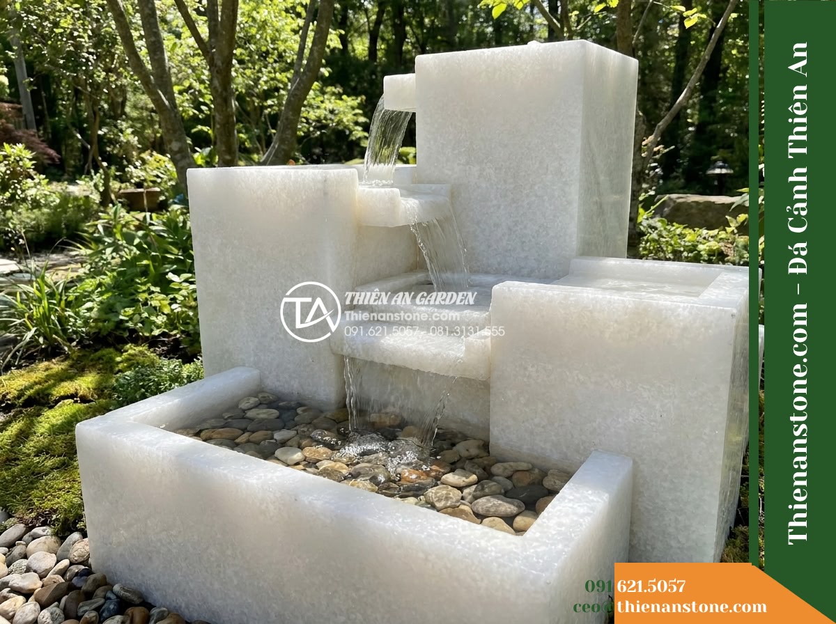 Cụm Đài Phun Đa Khối Ghép Cảnh Quan, D1.2m Cao 1m - Hình 19 Cụm Đài Phun Đa Khối Ghép Cảnh Quan, D1.2m Cao 1m - Completed natural stone fountain cluster operating smoothly in bright daylight,