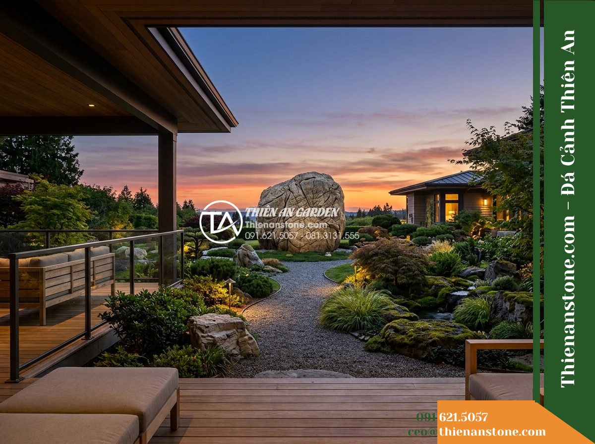 Đá da voi 1-1.5m - Hình 20 Đá da voi 1-1.5m - Final exterior shot looking back at the tranquil stone garden from the terrace p