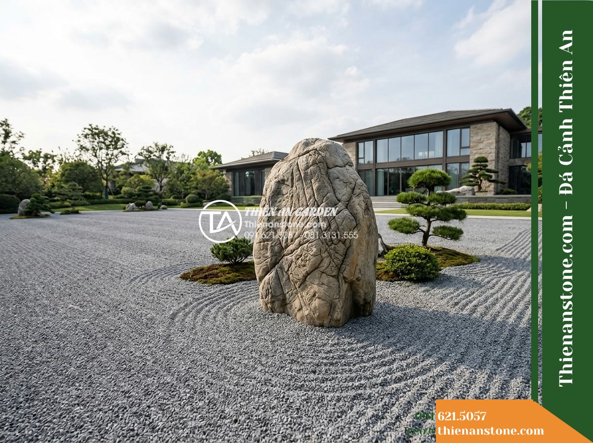 Đá da voi 1-1.5m - Hình 8 Đá da voi 1-1.5m - Wide angle garden composition showing a solitary weathered monolithic stone hold