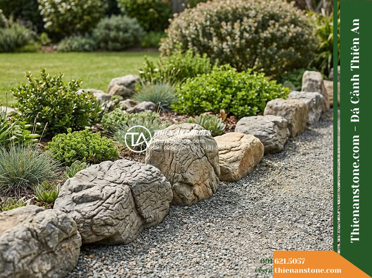 Đá da voi 20-30cm - Hình 12 Đá da voi 20-30cm - Contextual view of an edge garden space illustrating the balanced scale of 20-30