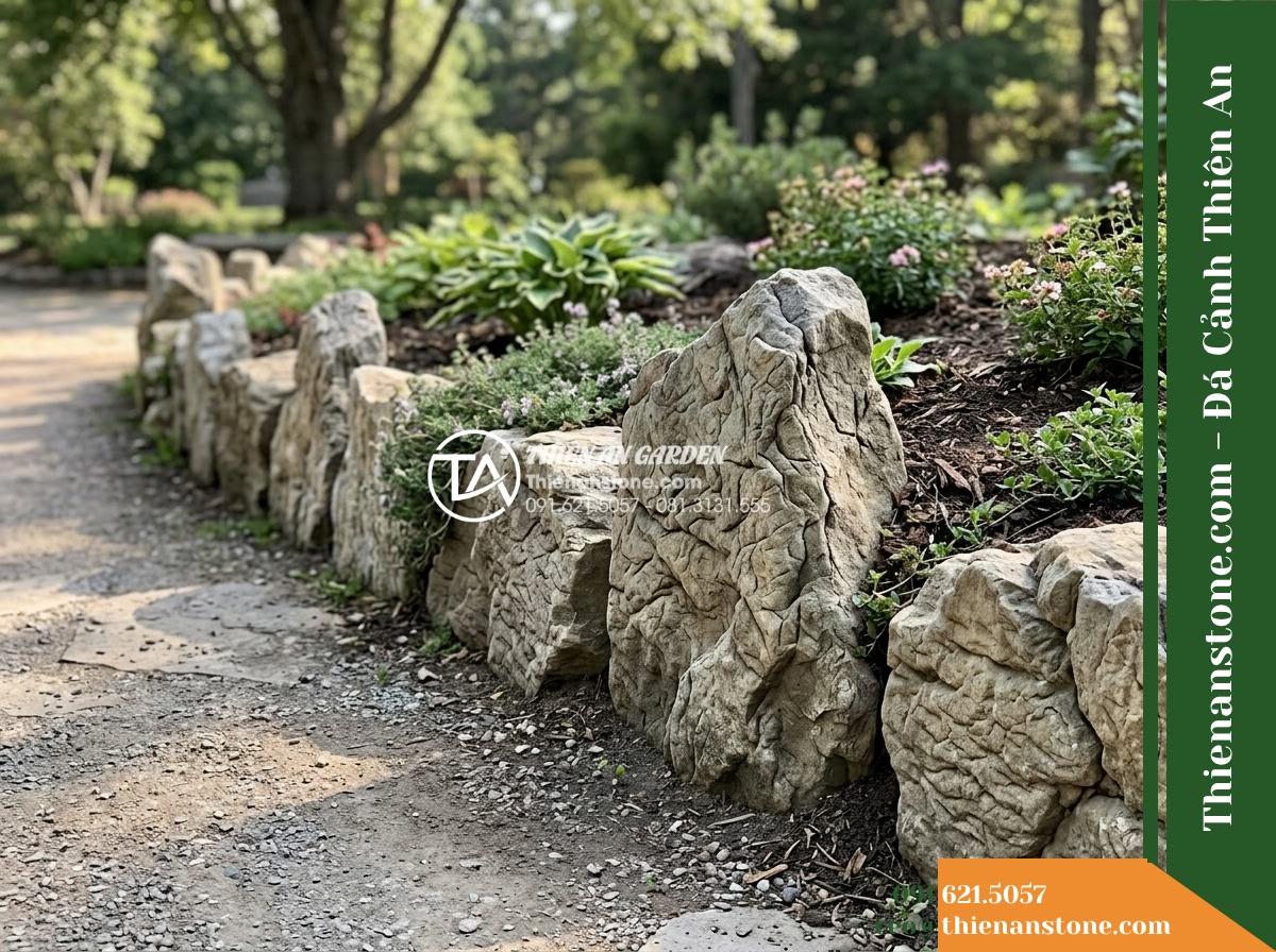 Đá da voi 20-30cm - Hình 2 Đá da voi 20-30cm - Secondary perspective of 20-30cm textured natural stones arranged at the border