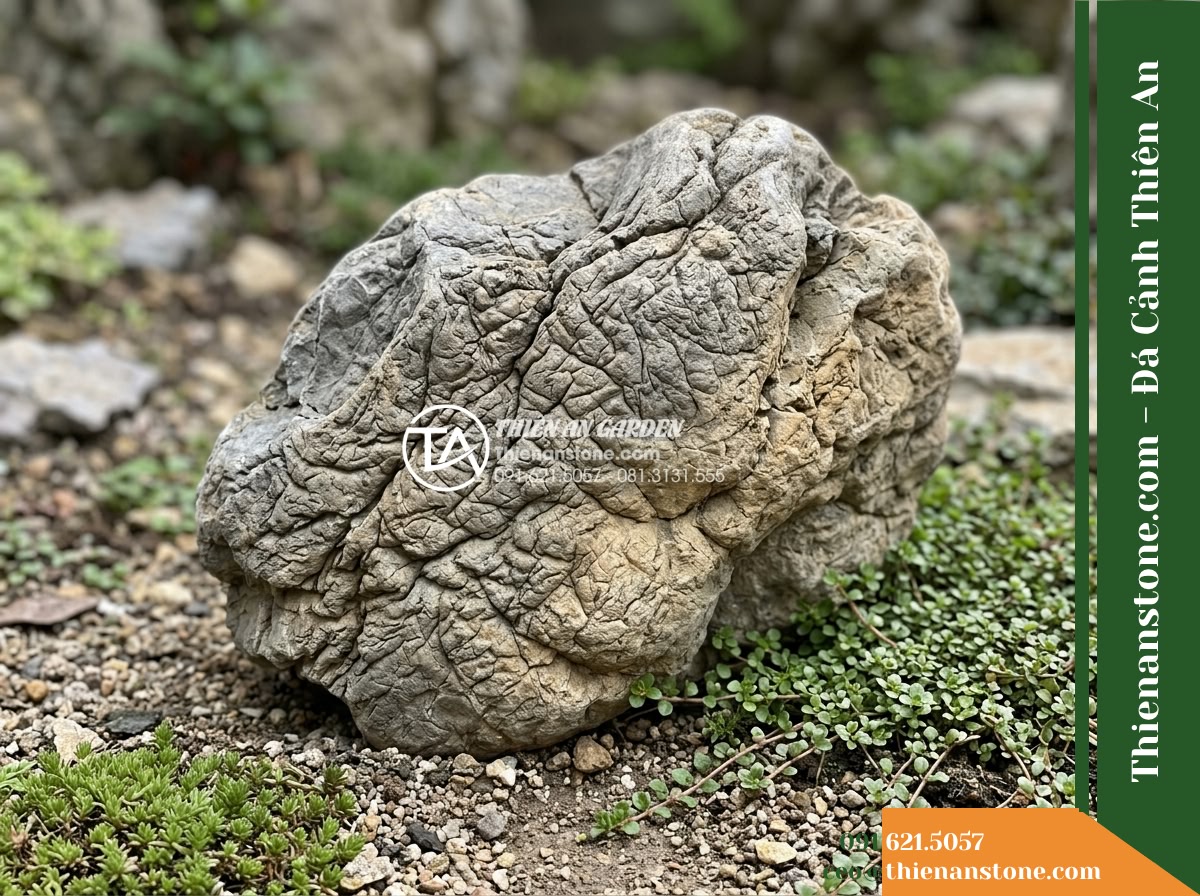 Đá da voi 20-30cm - Hình 5 Đá da voi 20-30cm - Medium shot of a 20-30cm stone positioned next to low creeping groundcover plant