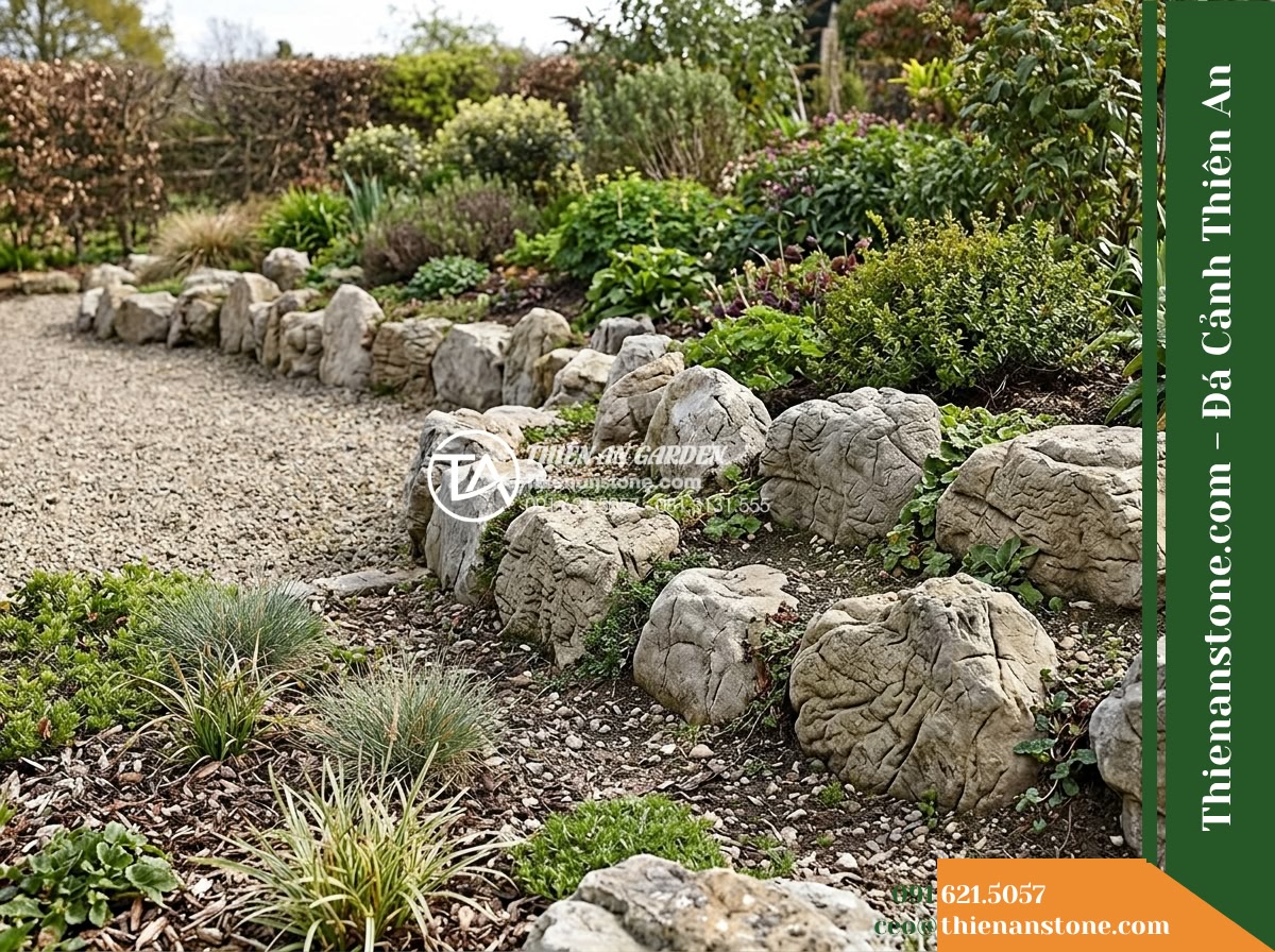 Đá da voi 20-30cm - Hình 6 Đá da voi 20-30cm - Slightly elevated view displaying 20-30cm natural rocks embedded along a garden
