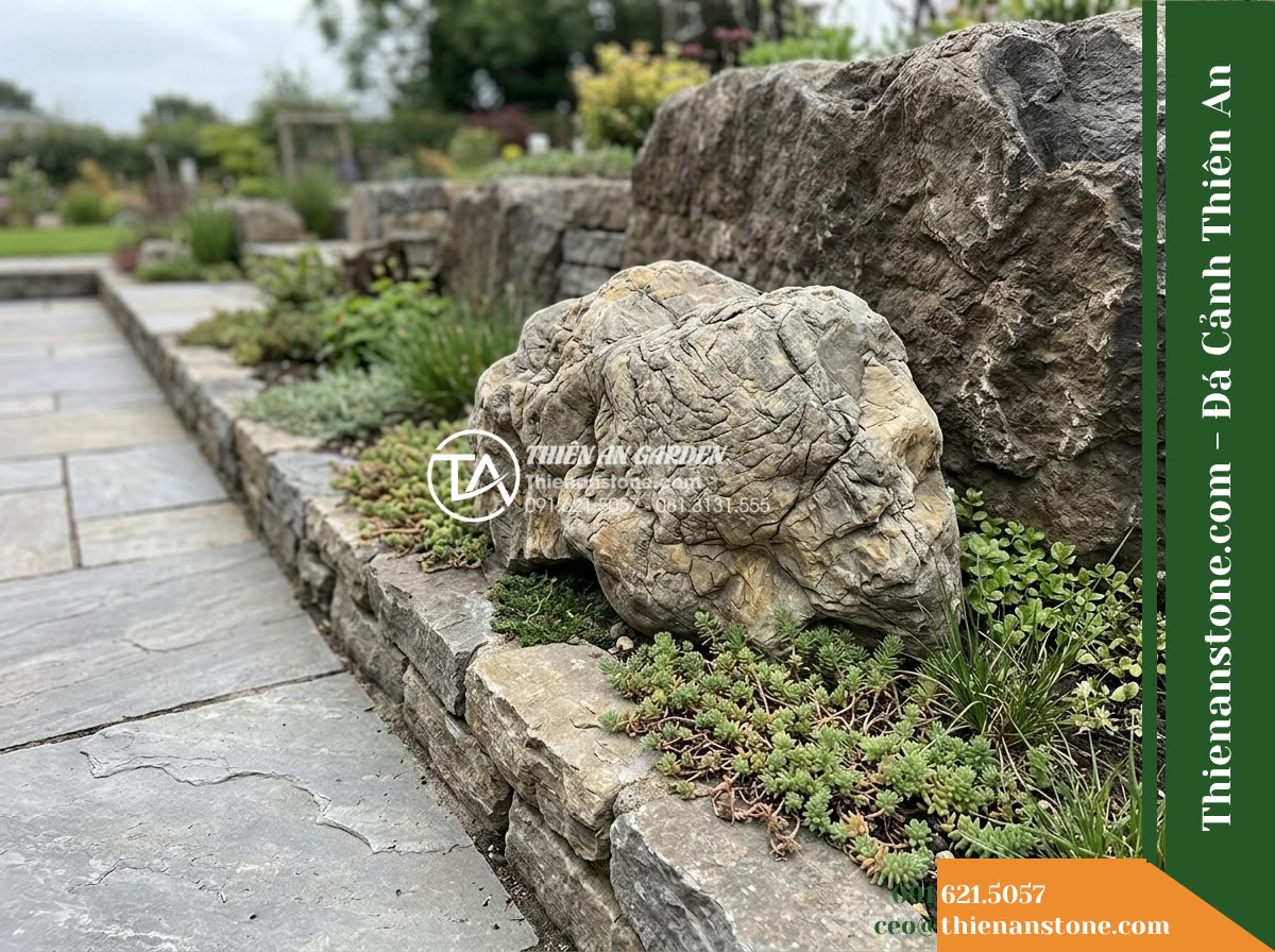 Đá da voi 50-100cm - Hình 2 Đá da voi 50-100cm - Side perspective of a raised planting border beside a paved patio, showing the s