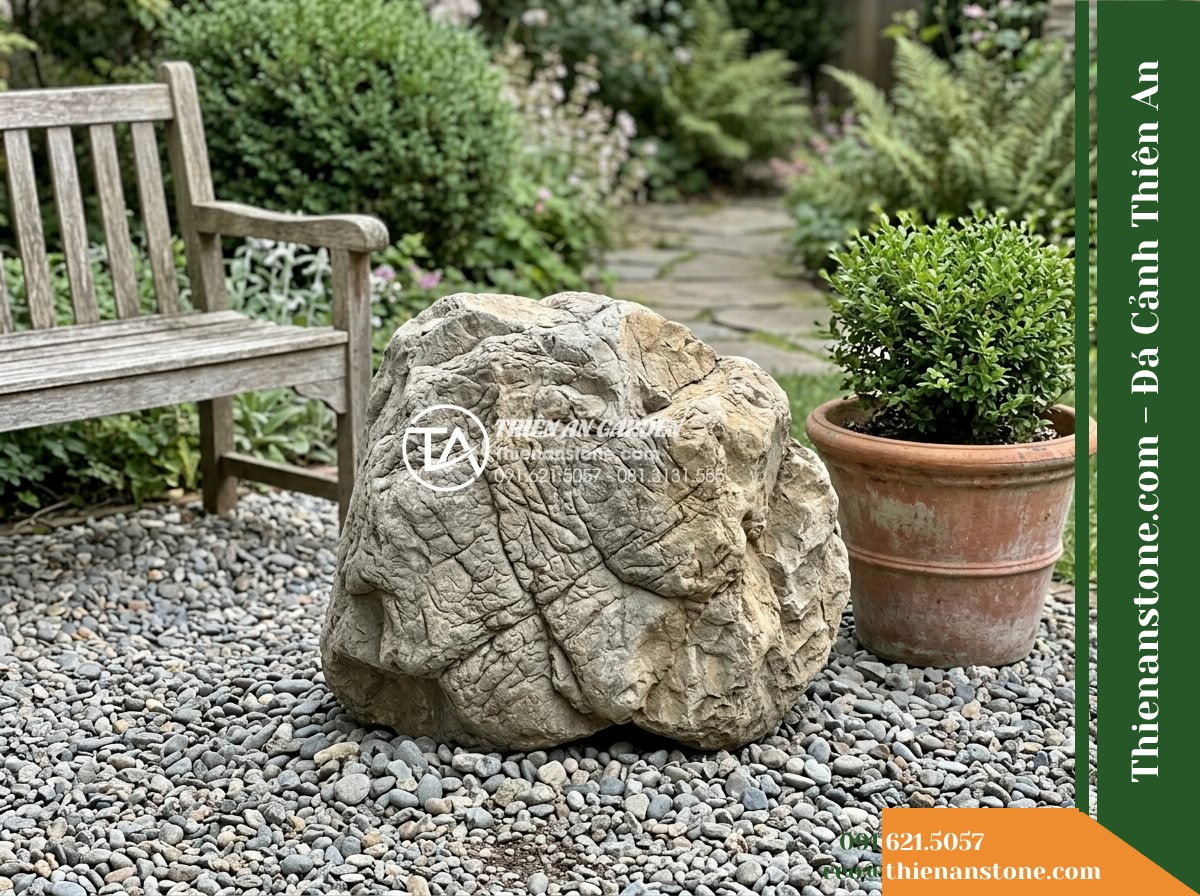 Đá da voi 50-100cm - Hình 5 Đá da voi 50-100cm - A 50-100cm landscape boulder placed beside a classic terracotta planter and a wo