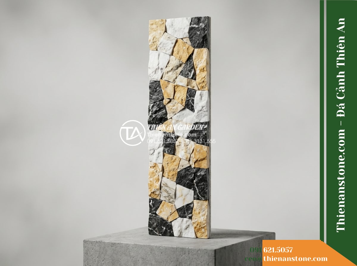 Đá ghép 3 màu Nghệ An | Marble phối 3 màu (Trắng - Vàng - Đen Nghệ An) | 10x50 cm - Hình 11 Đá ghép 3 màu Nghệ An | Marble phối 3 màu (Trắng - Vàng - Đen Nghệ An) | 10x50 cm - An isolated studio shot of an authentic 10x50 cm three-color Nghe An marble pane